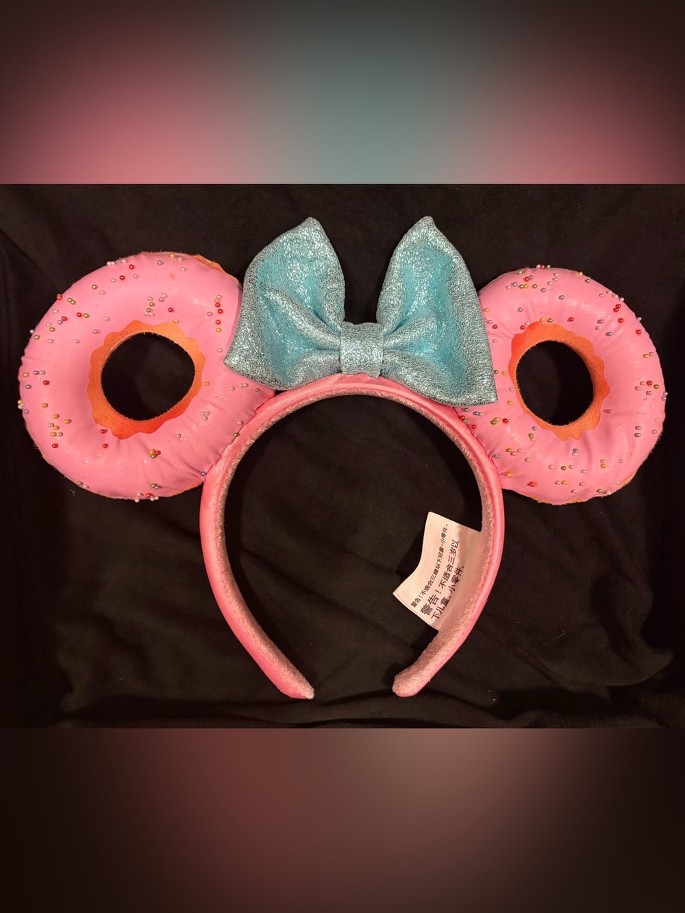 Disney Pink Donut Minnie Ears Headband with Blue shimmer Bow